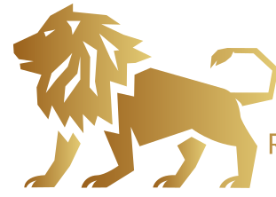Stylized golden lion logo in profile view, featuring a mane and poised stance.