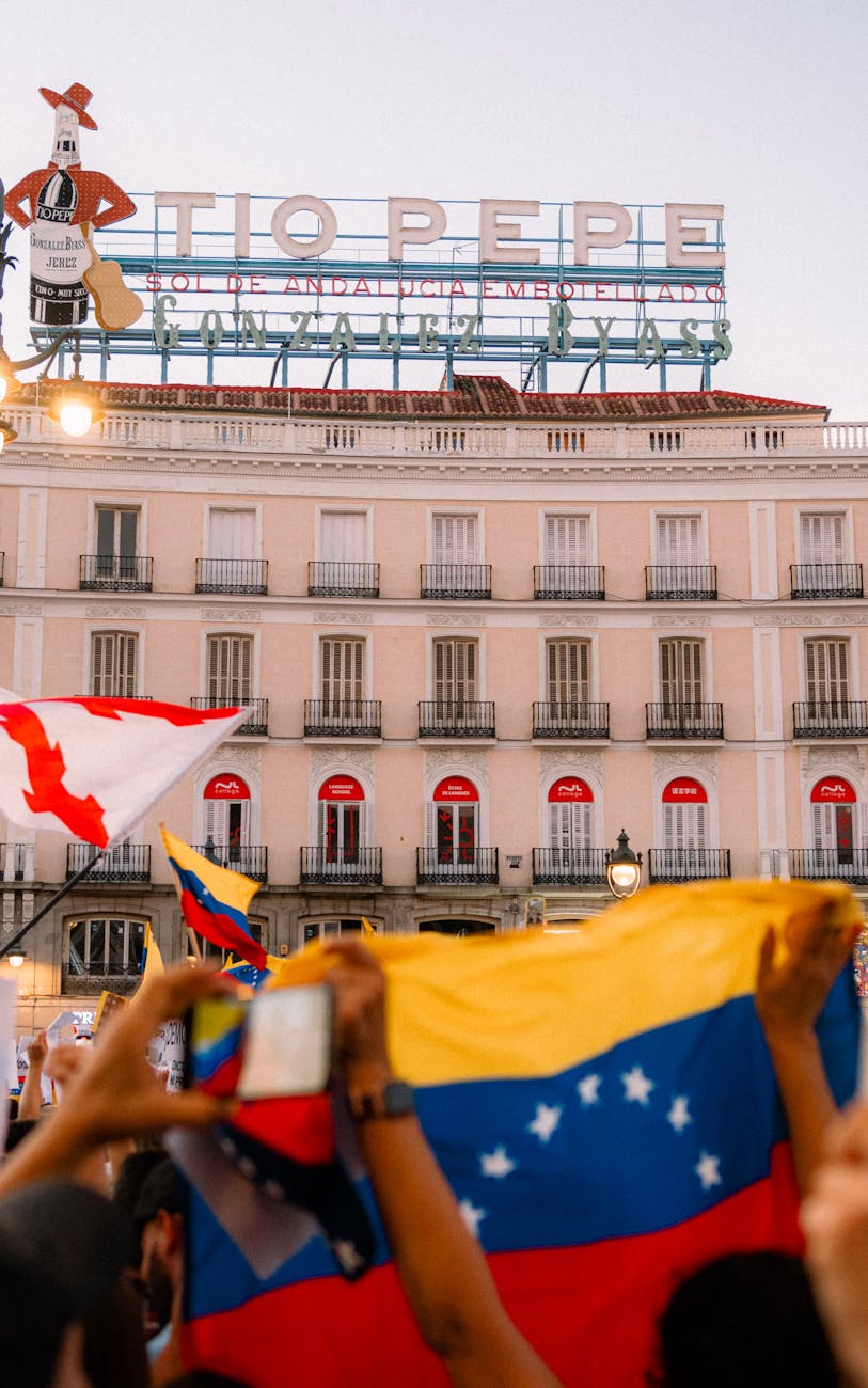 a crowd of people holding flags in front of a building