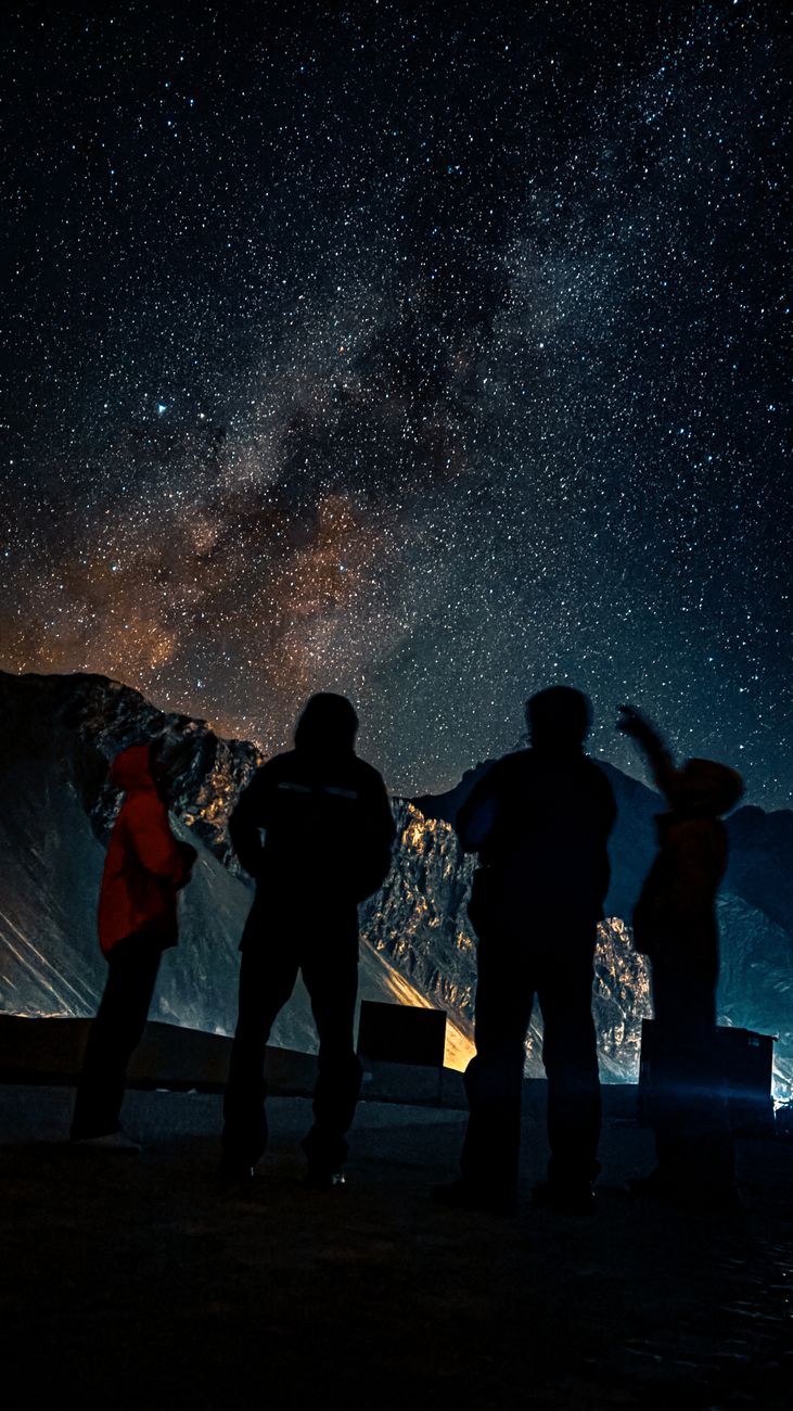 silhouetted figures gaze at starry night sky